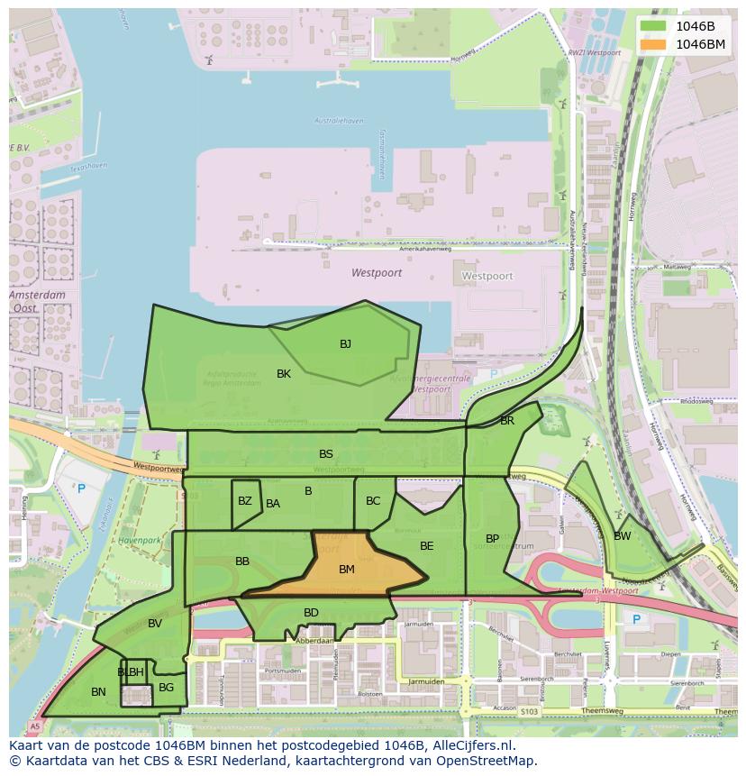 Afbeelding van het postcodegebied 1046 BM op de kaart.