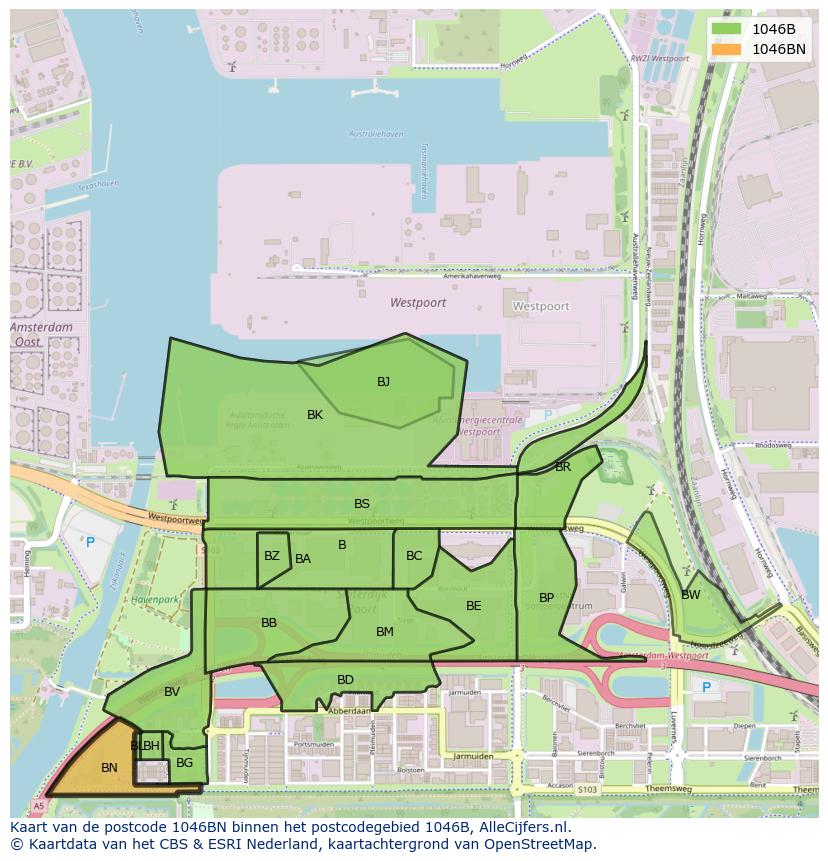 Afbeelding van het postcodegebied 1046 BN op de kaart.