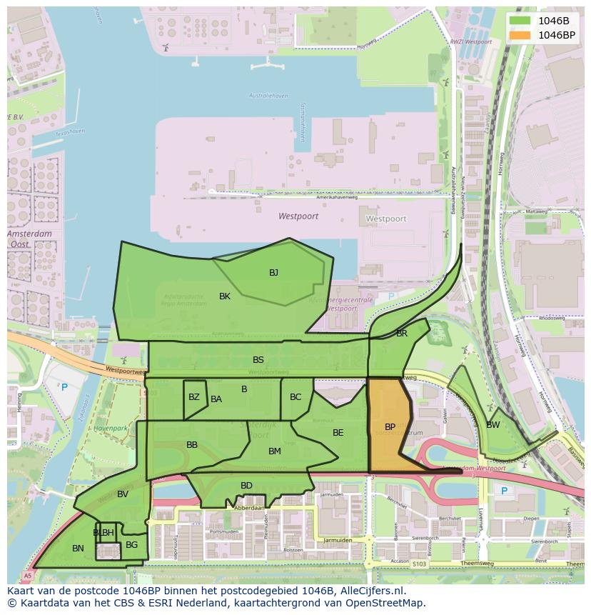 Afbeelding van het postcodegebied 1046 BP op de kaart.