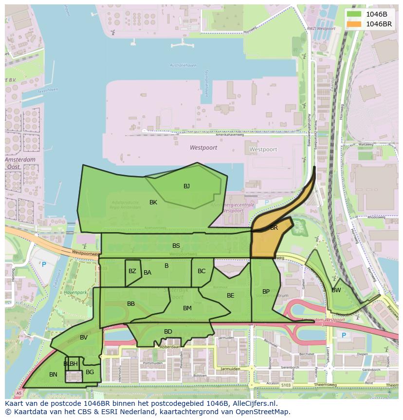 Afbeelding van het postcodegebied 1046 BR op de kaart.