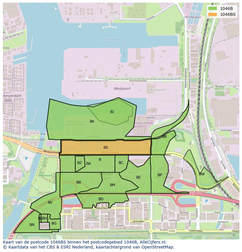 Afbeelding van het postcodegebied 1046 BS op de kaart.