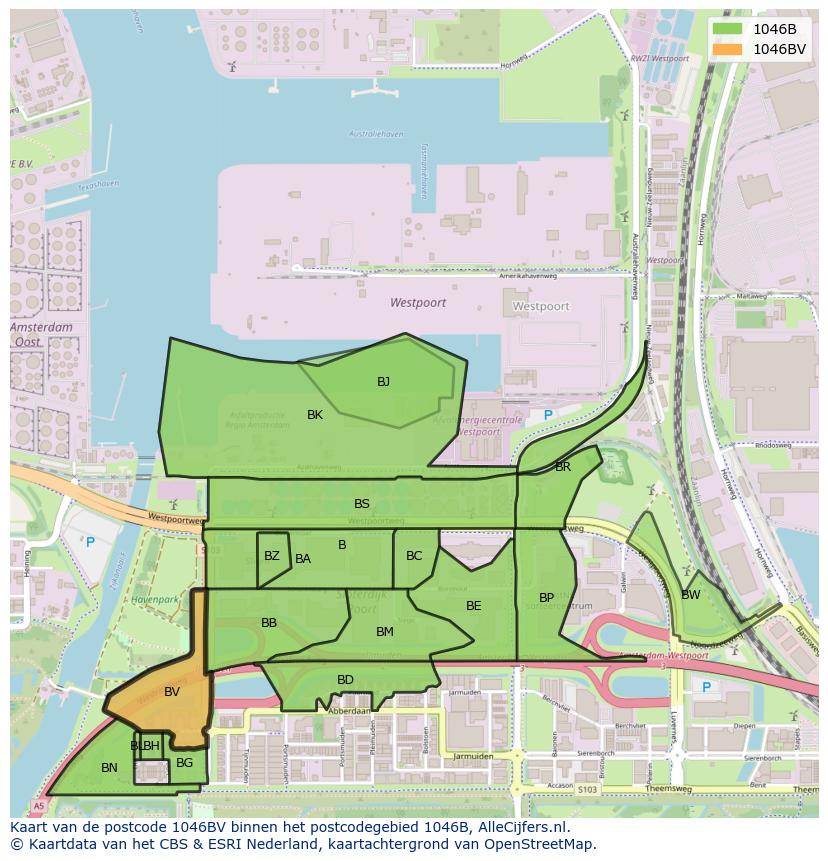 Afbeelding van het postcodegebied 1046 BV op de kaart.