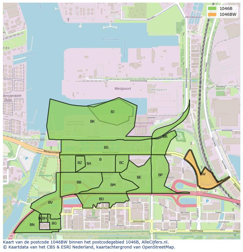 Afbeelding van het postcodegebied 1046 BW op de kaart.