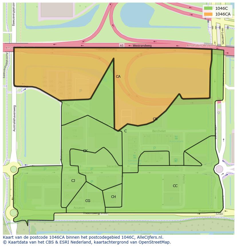 Afbeelding van het postcodegebied 1046 CA op de kaart.