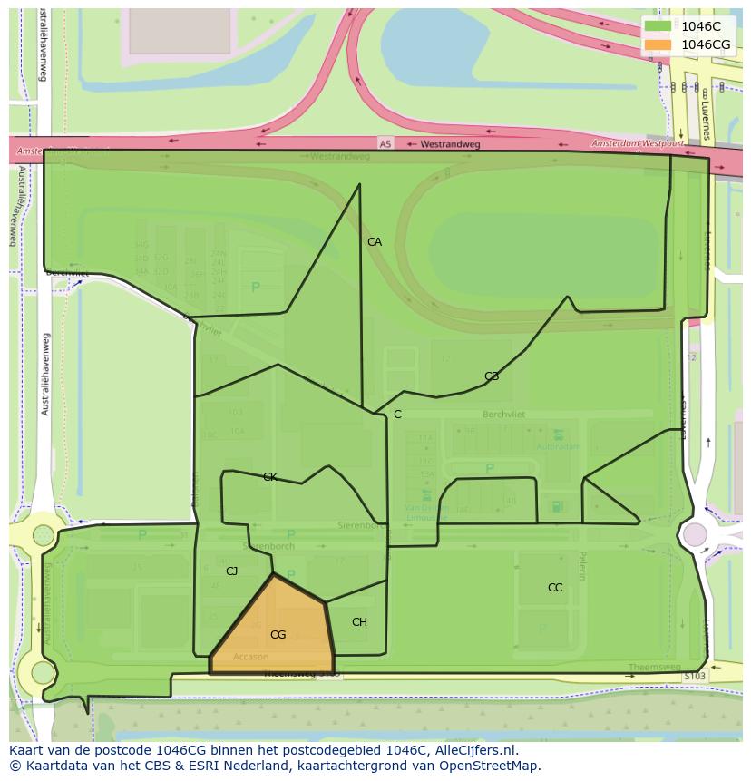 Afbeelding van het postcodegebied 1046 CG op de kaart.
