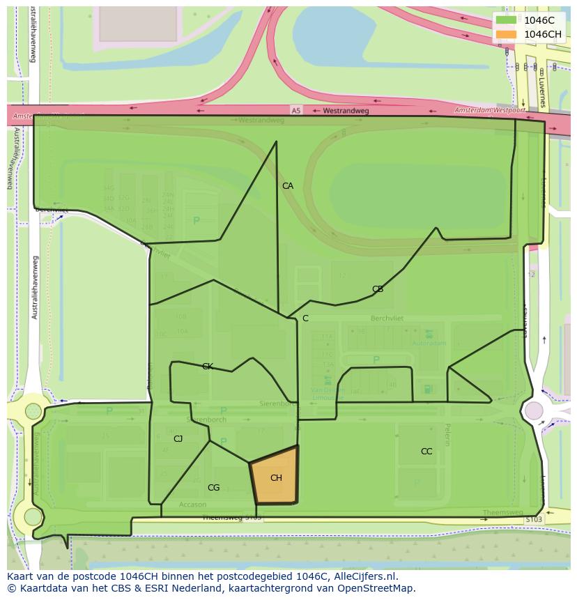 Afbeelding van het postcodegebied 1046 CH op de kaart.