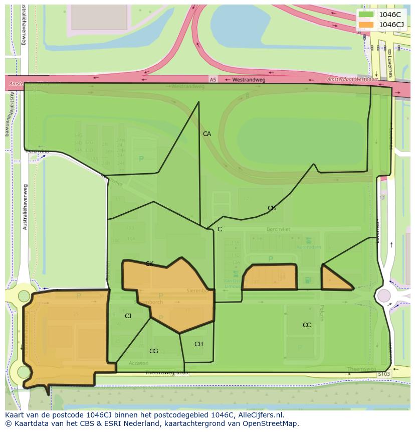Afbeelding van het postcodegebied 1046 CJ op de kaart.