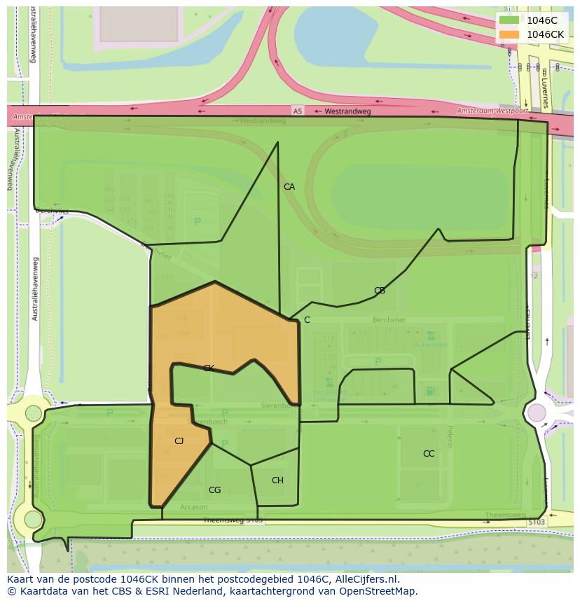 Afbeelding van het postcodegebied 1046 CK op de kaart.