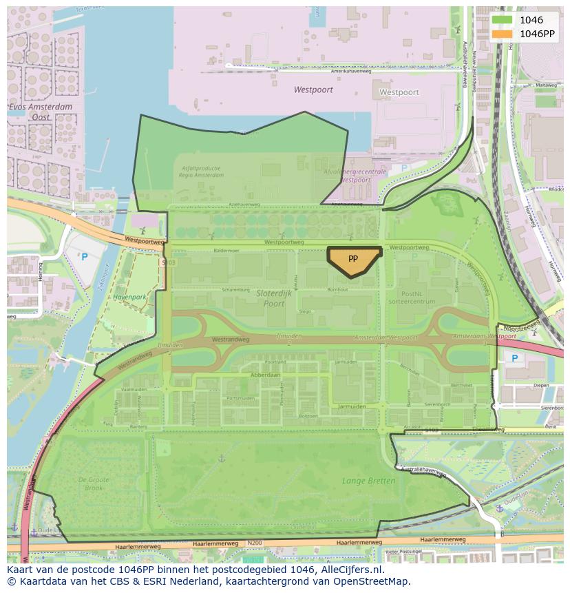 Afbeelding van het postcodegebied 1046 PP op de kaart.