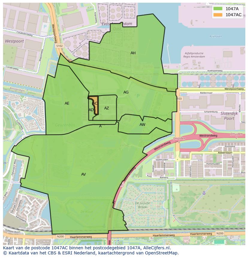 Afbeelding van het postcodegebied 1047 AC op de kaart.