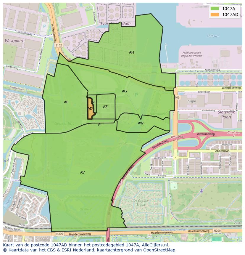 Afbeelding van het postcodegebied 1047 AD op de kaart.