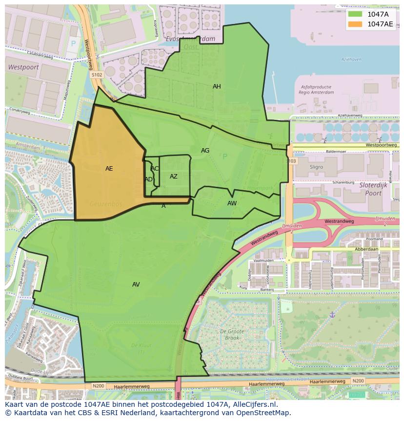 Afbeelding van het postcodegebied 1047 AE op de kaart.