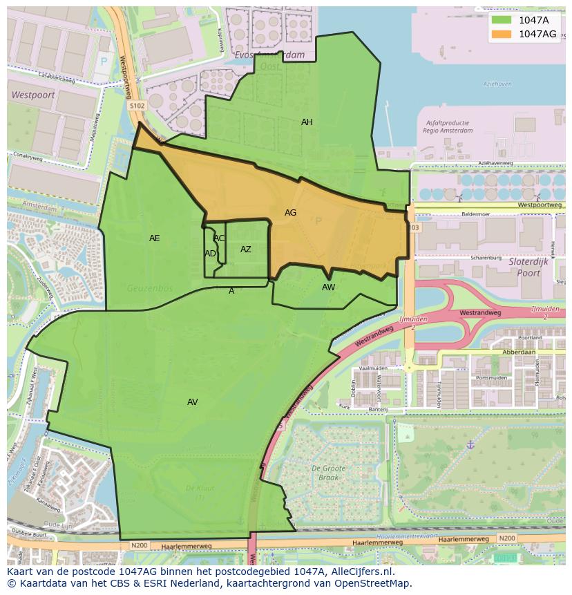 Afbeelding van het postcodegebied 1047 AG op de kaart.