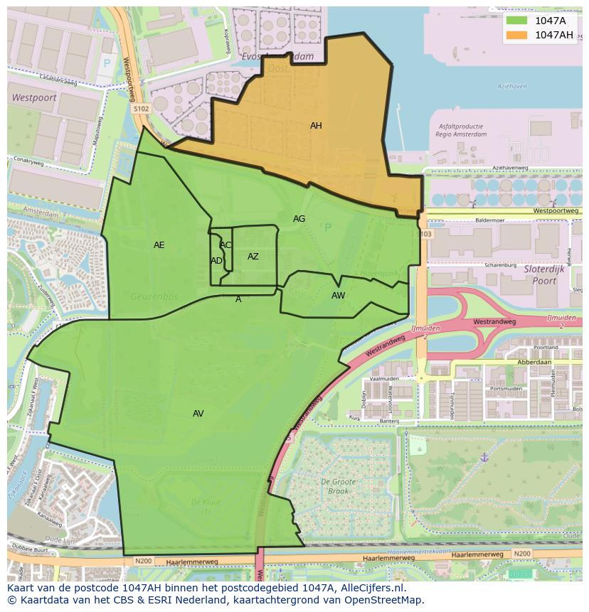 Afbeelding van het postcodegebied 1047 AH op de kaart.
