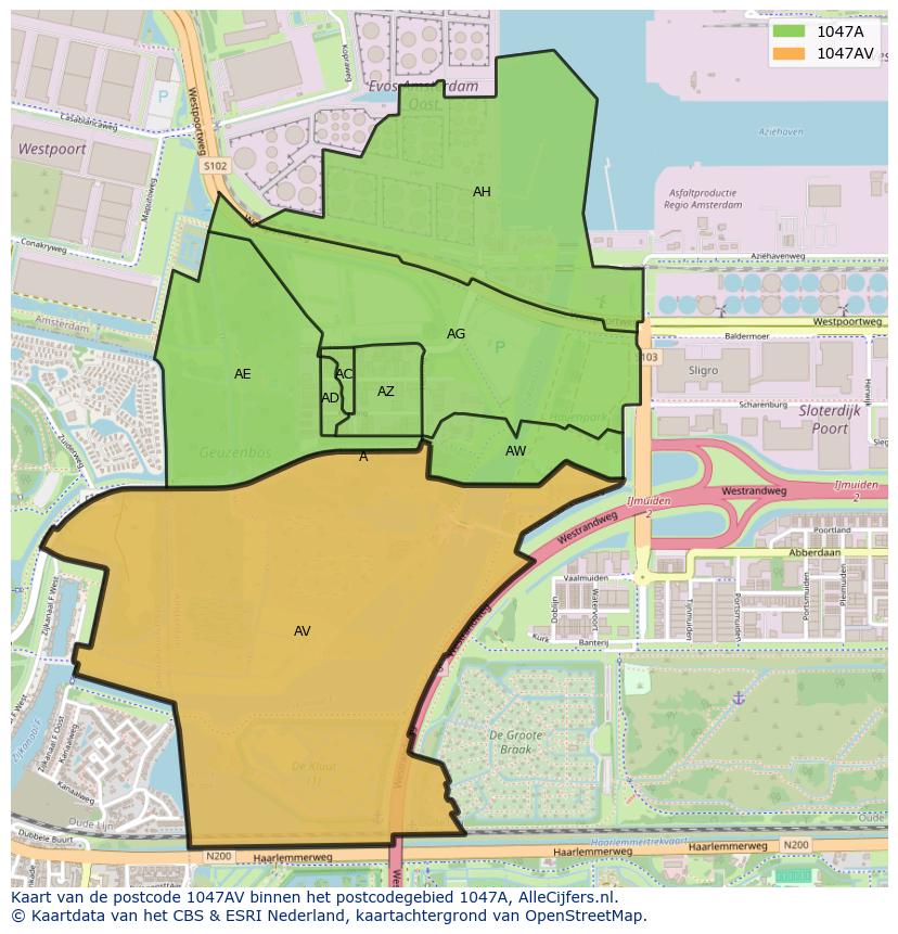 Afbeelding van het postcodegebied 1047 AV op de kaart.