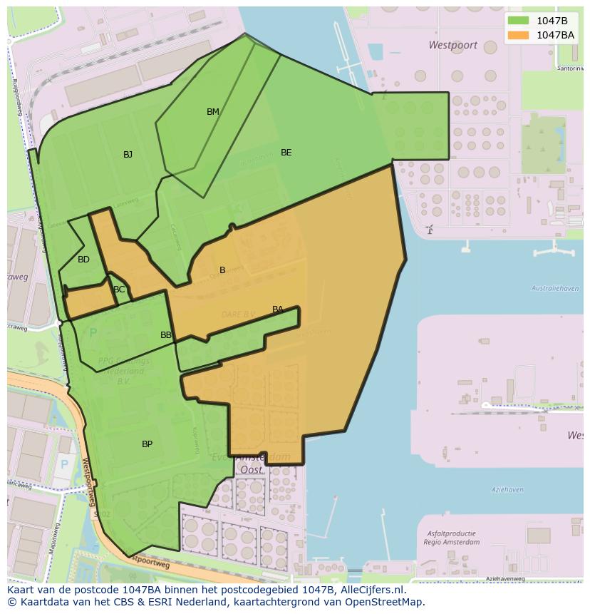 Afbeelding van het postcodegebied 1047 BA op de kaart.