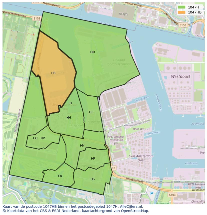 Afbeelding van het postcodegebied 1047 HB op de kaart.
