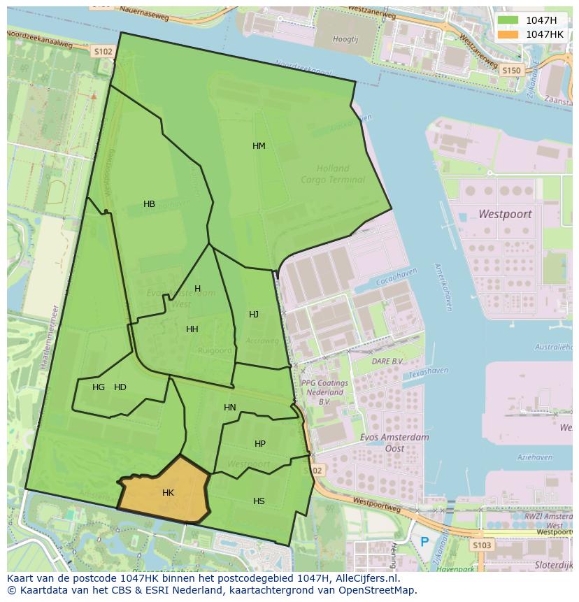 Afbeelding van het postcodegebied 1047 HK op de kaart.