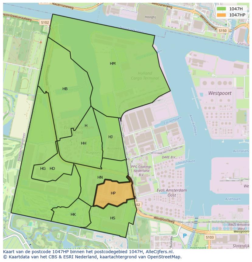 Afbeelding van het postcodegebied 1047 HP op de kaart.