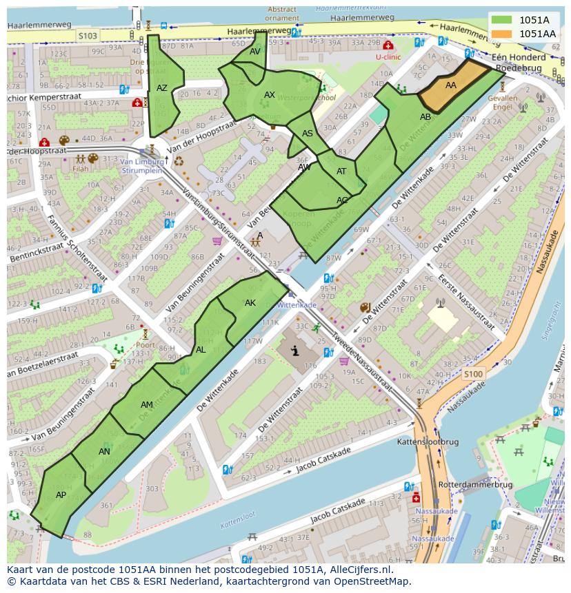 Afbeelding van het postcodegebied 1051 AA op de kaart.