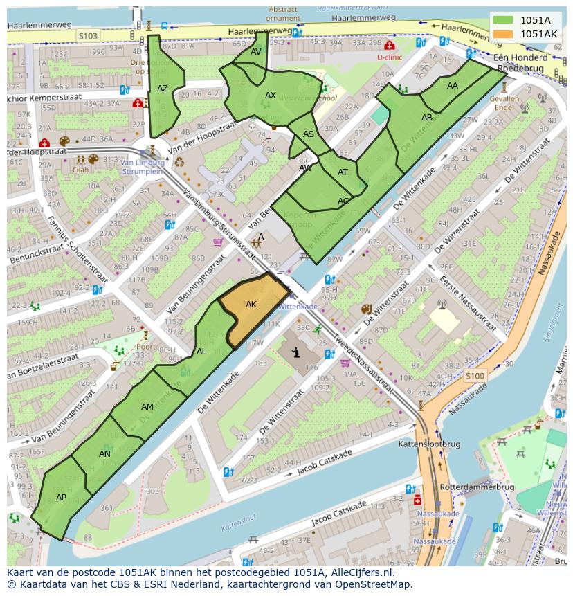 Afbeelding van het postcodegebied 1051 AK op de kaart.