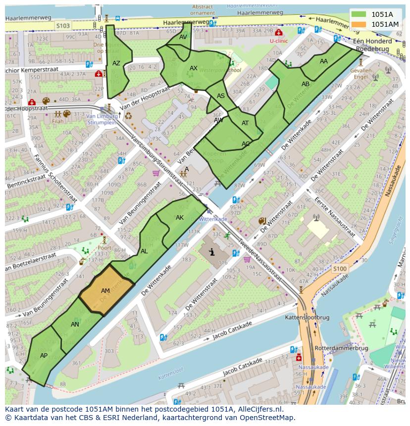 Afbeelding van het postcodegebied 1051 AM op de kaart.