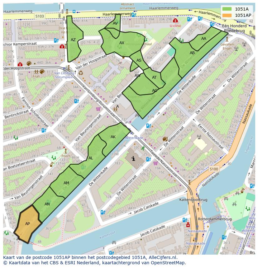 Afbeelding van het postcodegebied 1051 AP op de kaart.