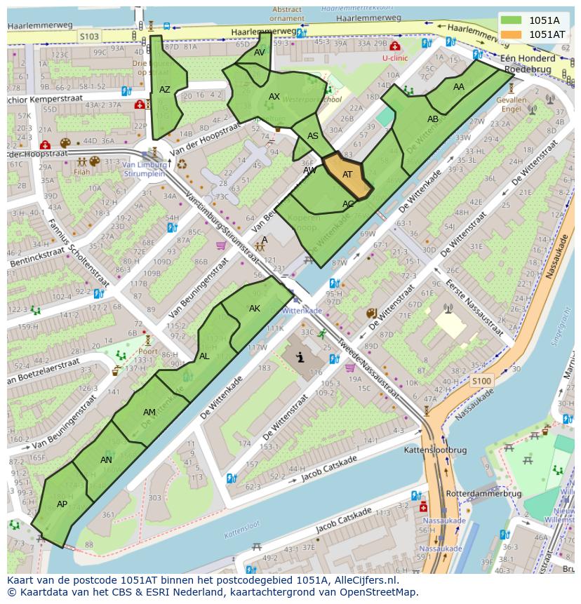Afbeelding van het postcodegebied 1051 AT op de kaart.