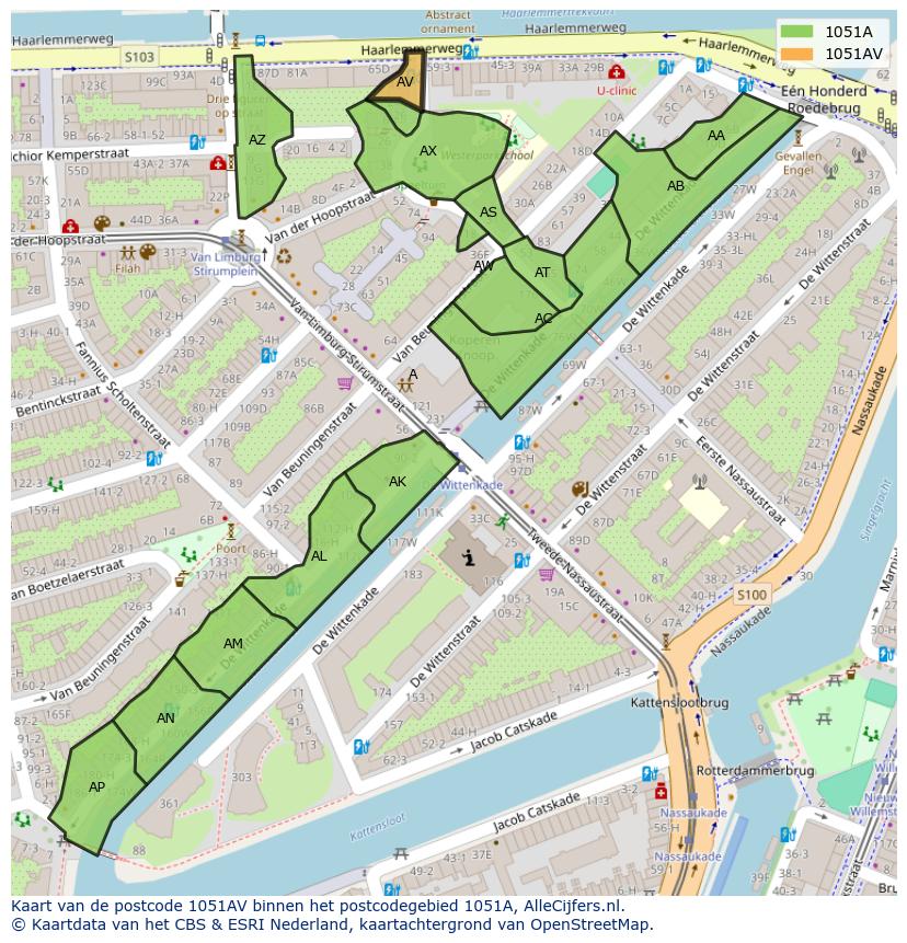 Afbeelding van het postcodegebied 1051 AV op de kaart.