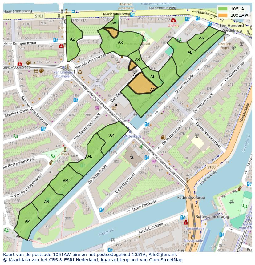 Afbeelding van het postcodegebied 1051 AW op de kaart.