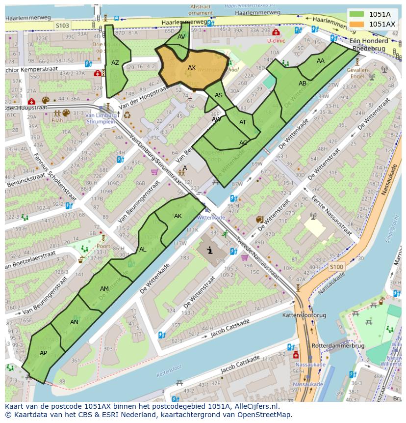 Afbeelding van het postcodegebied 1051 AX op de kaart.