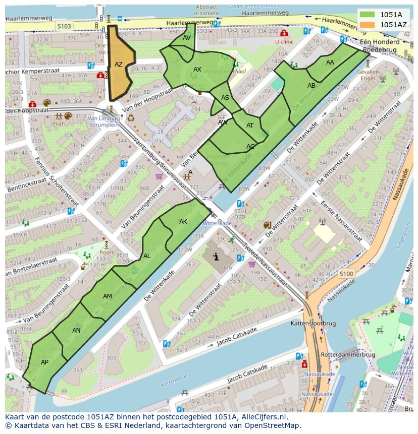 Afbeelding van het postcodegebied 1051 AZ op de kaart.