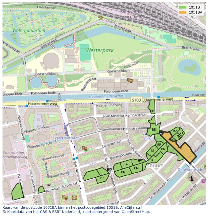 Afbeelding van het postcodegebied 1051 BA op de kaart.