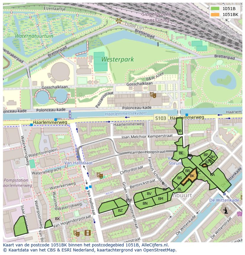 Afbeelding van het postcodegebied 1051 BK op de kaart.