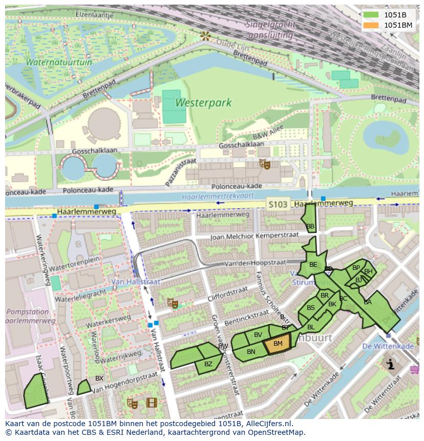Afbeelding van het postcodegebied 1051 BM op de kaart.