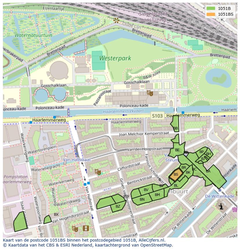 Afbeelding van het postcodegebied 1051 BS op de kaart.
