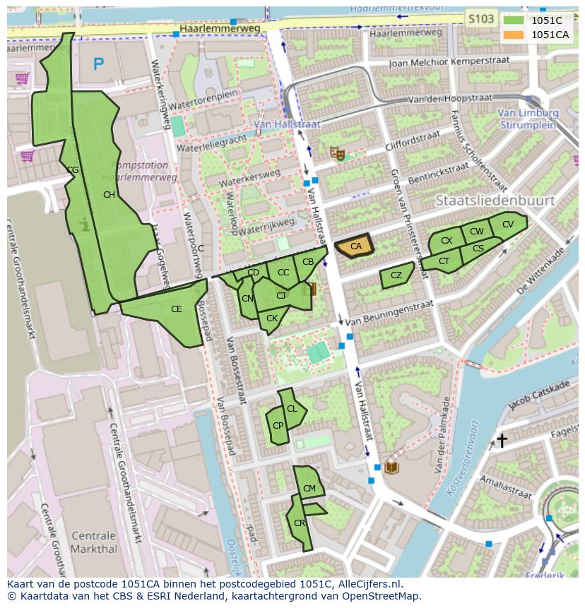 Afbeelding van het postcodegebied 1051 CA op de kaart.