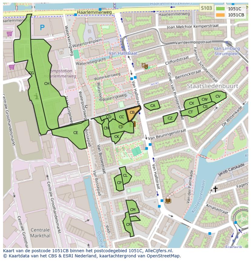 Afbeelding van het postcodegebied 1051 CB op de kaart.