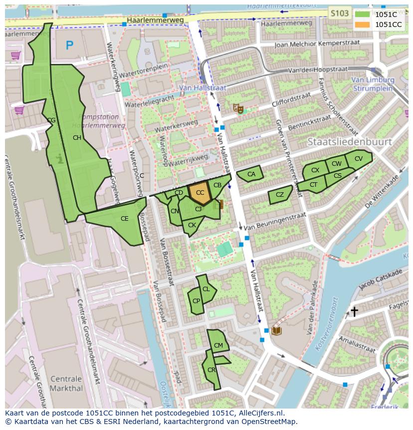Afbeelding van het postcodegebied 1051 CC op de kaart.