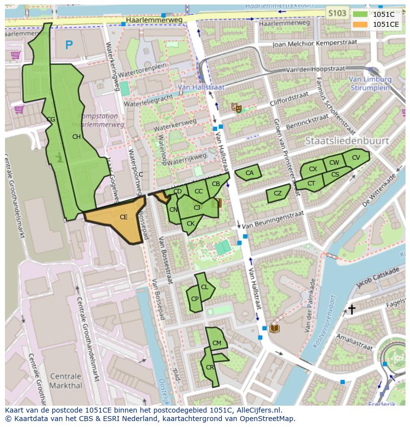 Afbeelding van het postcodegebied 1051 CE op de kaart.