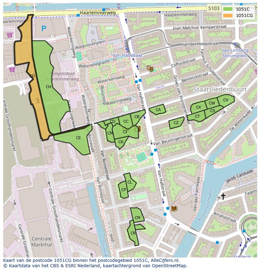 Afbeelding van het postcodegebied 1051 CG op de kaart.