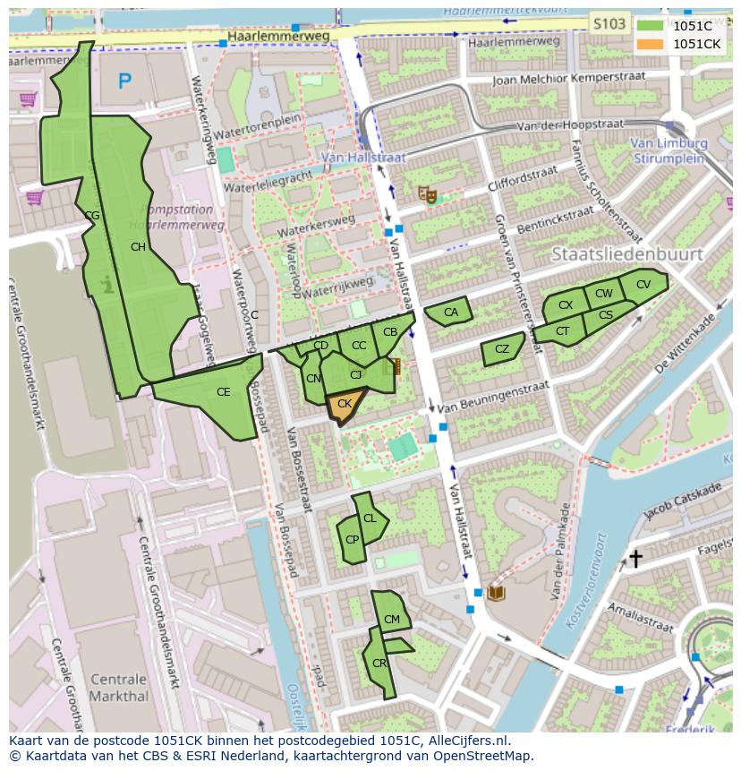 Afbeelding van het postcodegebied 1051 CK op de kaart.