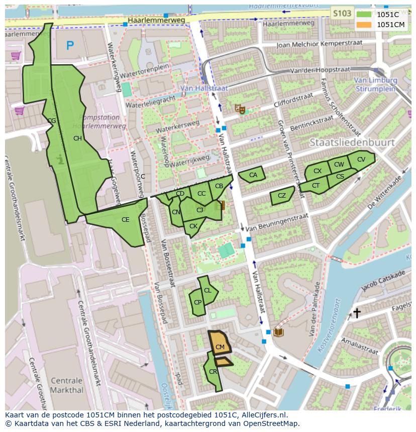 Afbeelding van het postcodegebied 1051 CM op de kaart.