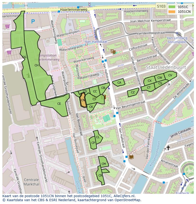 Afbeelding van het postcodegebied 1051 CN op de kaart.
