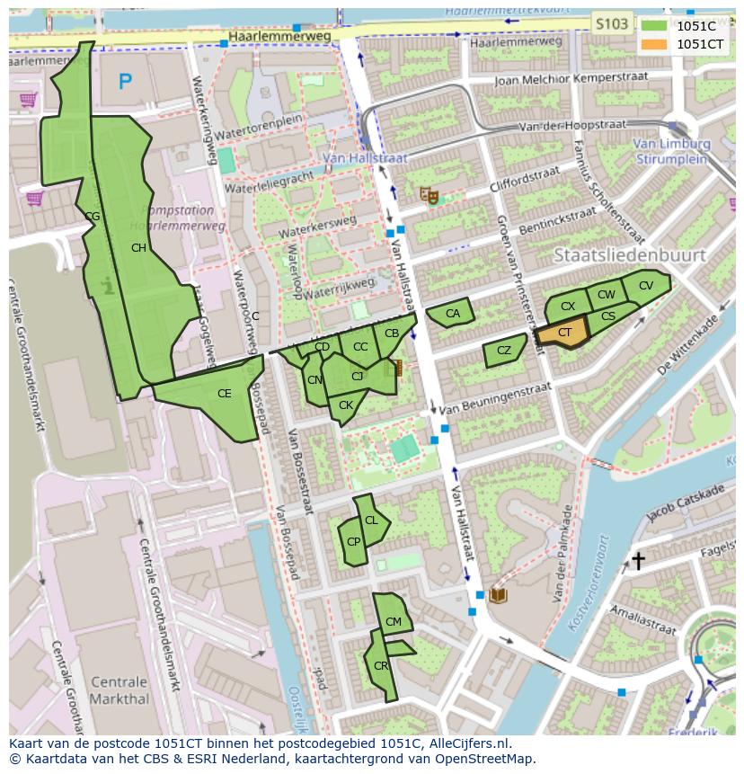 Afbeelding van het postcodegebied 1051 CT op de kaart.