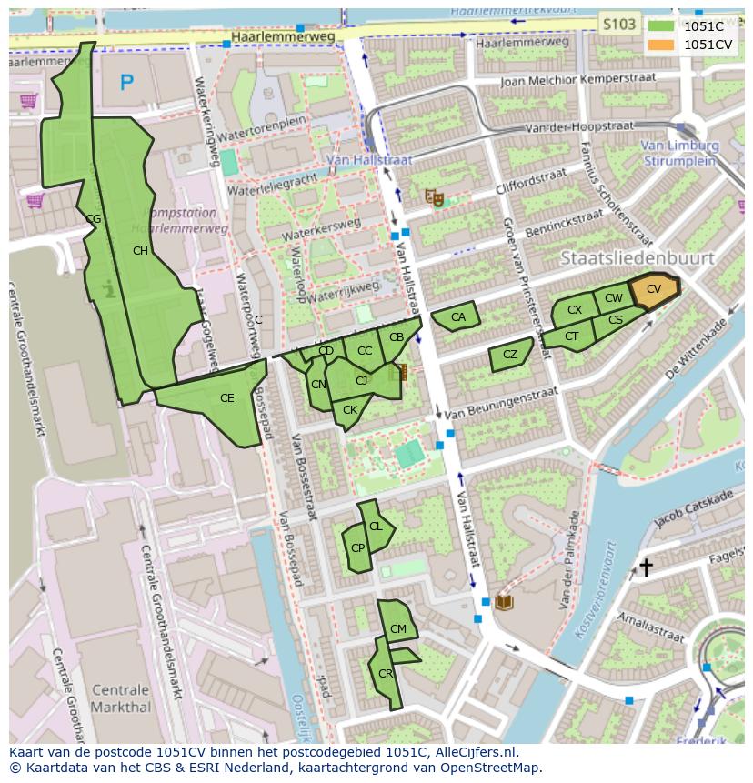 Afbeelding van het postcodegebied 1051 CV op de kaart.