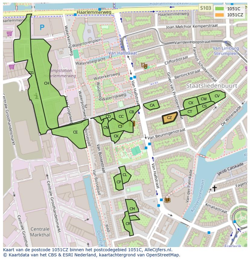 Afbeelding van het postcodegebied 1051 CZ op de kaart.
