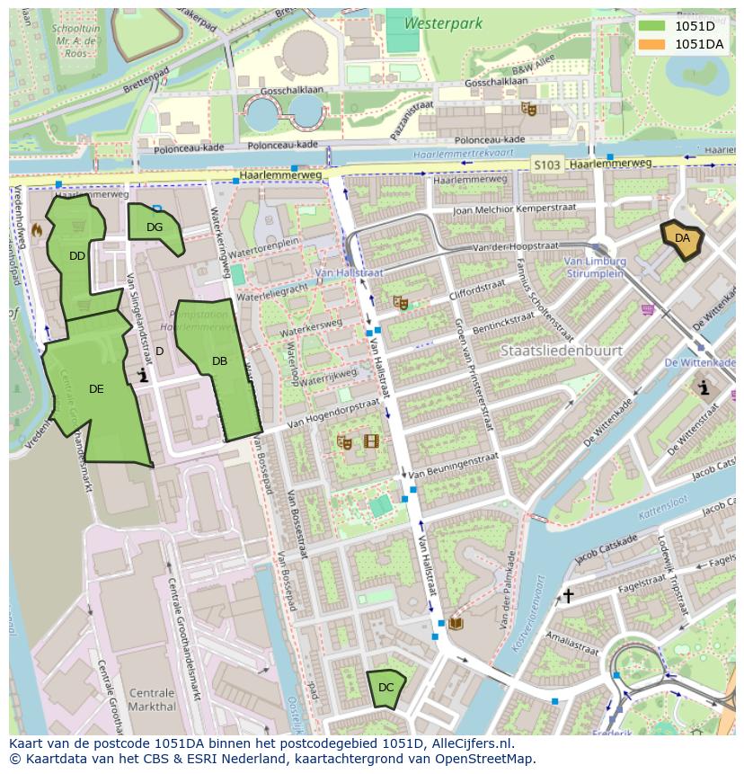 Afbeelding van het postcodegebied 1051 DA op de kaart.