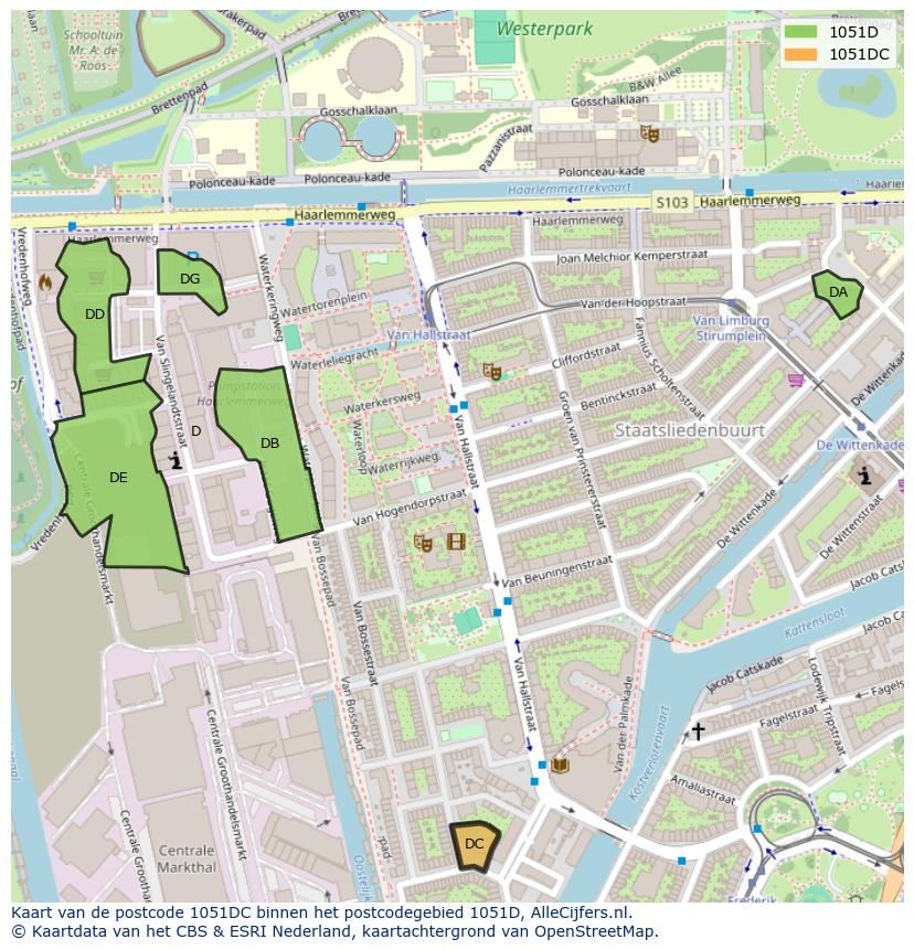Afbeelding van het postcodegebied 1051 DC op de kaart.