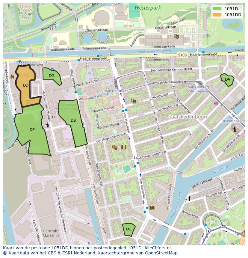 Afbeelding van het postcodegebied 1051 DD op de kaart.